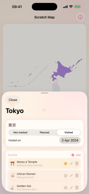 Tokyo prefecture detail with visit date and logged places